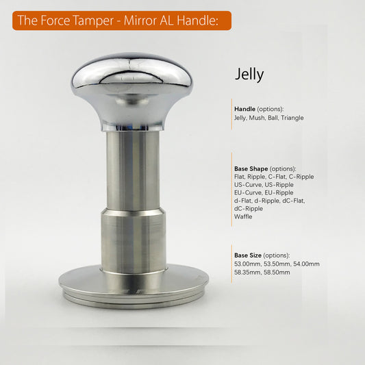 The Force Tamper Automatic Impact Adjustable Constant Pressure and Autoleveling Coffee Tamper Mirror Silver Jellyfish AL Handle Set Pro
