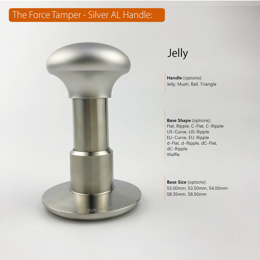 The Force Tamper Automatic Impact Adjustable Constant Pressure and Autoleveling Coffee Tamper Matte Silver Jellyfish AL Handle Set Pro
