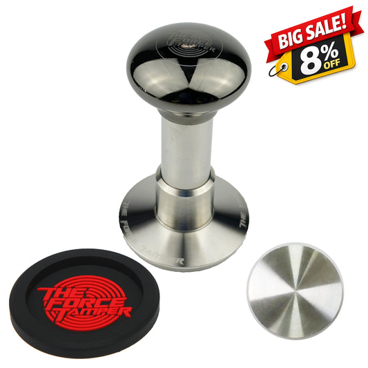 The Force Tamper Automatic Impact Adjustable Constant Pressure and Autoleveling Coffee Tamper Black Mirror Jellyfish AL Handle Set Pro