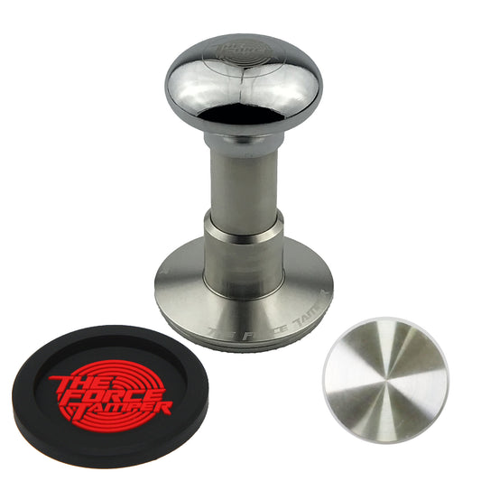 The Force Tamper Automatic Impact Adjustable Constant Pressure and Autoleveling Coffee Tamper Mirror Silver Jellyfish AL Handle Set Pro
