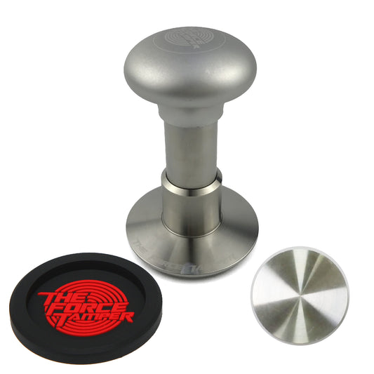 The Force Tamper Automatic Impact Adjustable Constant Pressure and Autoleveling Coffee Tamper Matte Silver Jellyfish AL Handle Set Pro