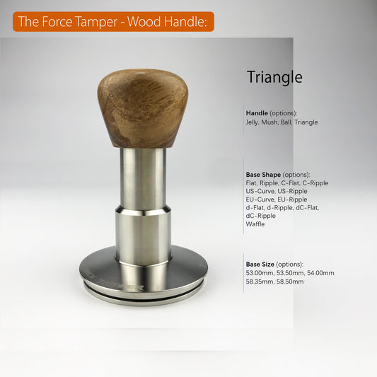 The Force Tamper Automatic Impact Adjustable Constant Pressure and Autoleveling Coffee Tamper Triangle Wooden Handle Set