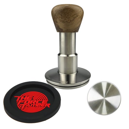 The Force Tamper Automatic Impact Adjustable Constant Pressure and Autoleveling Coffee Tamper Triangle Wooden Handle Set